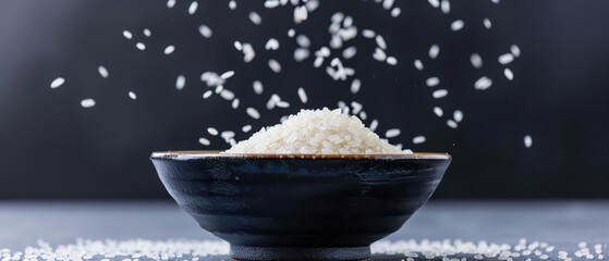Mochigome sticky rice exploding, with glutinous grains separating in a dynamic and textured burst