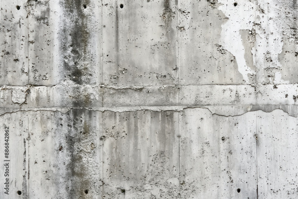 Aufkleber Concrete wall texture close-up. Rough rectangular panels with white color contrast to gray background. Grid pattern creates organized yet chaotic visual effect. Small hole in one panel on right side.