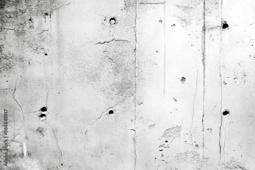 Poster Rough concrete wall with holes, texture. Close-up view from below looking up at imposing structure in black, white. Urban industrial theme, perfect background for graphic design, art projects.