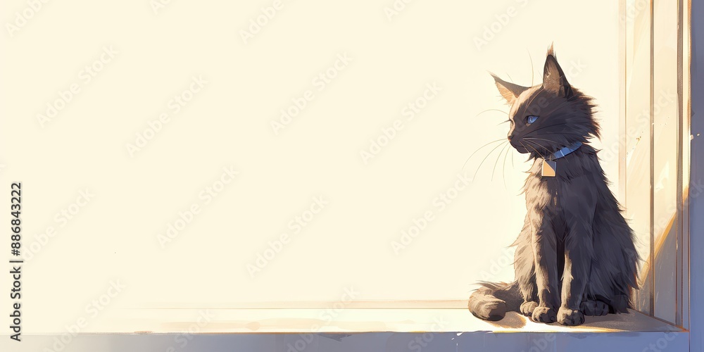 Poster peaceful cat on empty windowsill - minimalist feline relaxing against negative space backdrop