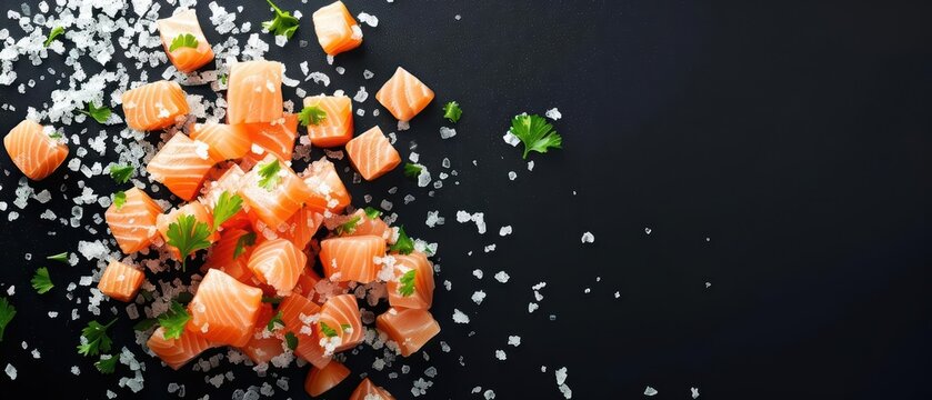 Surimi pieces flying apart, emphasizing their versatile, fishbased texture in a lively burst