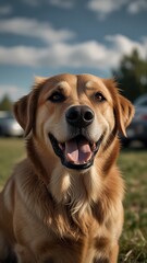 a happy and joyful dog in a park , 9:16 aspect ratio , phone wallpaper 