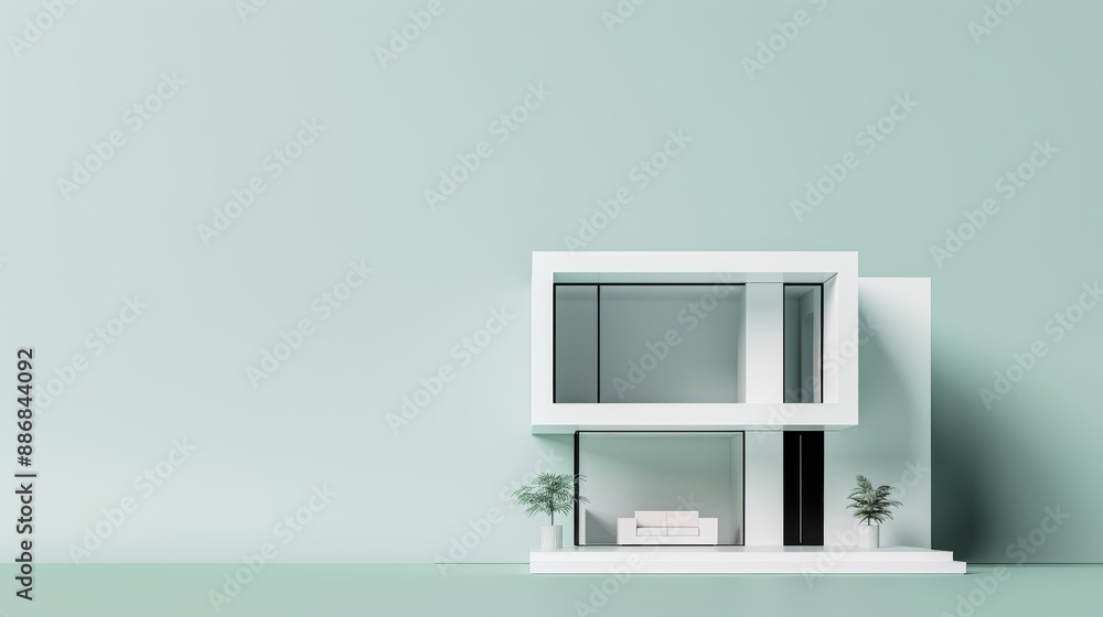 Wall mural a contemporary eco-home blueprint with a 3d model, against a light pastel green backdrop, flat desig