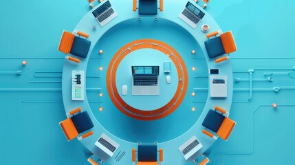 Top view of a funded startups workspace, illustrating the collaborative tech hub environment with feedback loop systems