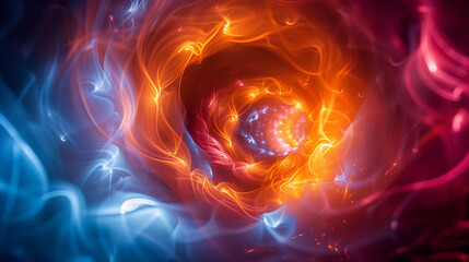 Fiery Spiral Vortex with Blue & Orange Light Swirls, Futuristic Energy Concept, High-Tech Background Wallpaper