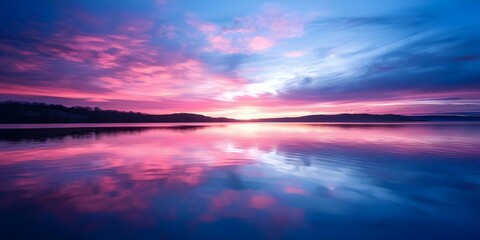 Obraz premium Serene and Vibrant Colorful Sunset Reflecting on Calm Lake. Concept Sunset Photography, Landscape Reflection, Calm Waters, Colorful Skies, Serene Atmosphere