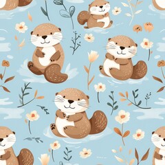 Naklejka premium Cute cartoon otters swim amongst delicate flowers and leaves in a seamless pastel blue pattern.