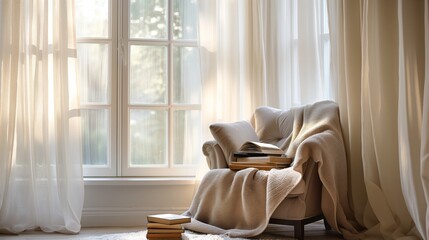 Fototapeta premium elegant reading nook by a large bay window, featuring a comfortable armchair, a plush blanket, and a stack of classic novels