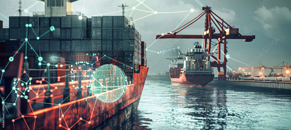 Poster a cargo ship docked at a busy port with a crane in the background, connected by a network of lines r