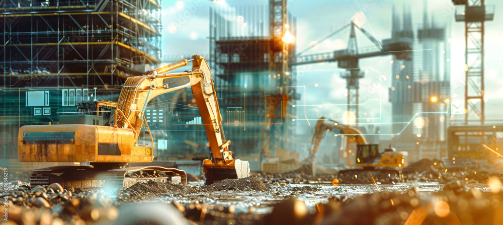 Poster a construction site with an excavator working, while holographic data visualization displays real-ti