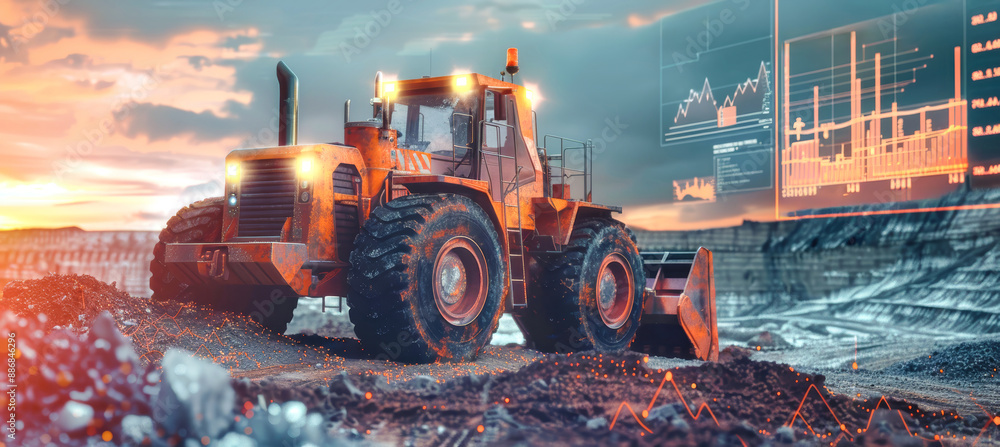 Poster a powerful wheel loader works in a quarry at sunset, while futuristic data visualizations overlay th