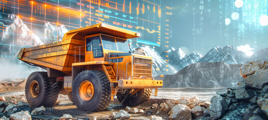 A yellow dump truck is positioned in a mountainous quarry with a digital data visualization overlay showing charts and numbers