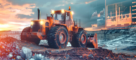 A powerful wheel loader works in a quarry at sunset, while futuristic data visualizations overlay the scene