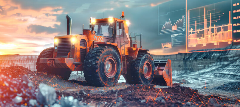 A powerful wheel loader works in a quarry at sunset, while futuristic data visualizations overlay the scene - Powered by Adobe