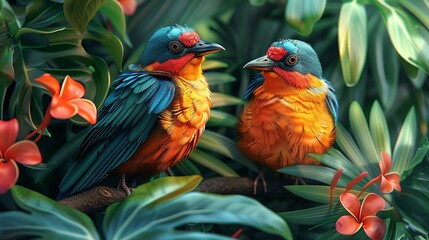 Fototapeta premium Vibrant illustration of tropical birds in a lush jungle setting, showcasing their colorful feathers and exotic charm. Illustration, Image, , Minimalism,