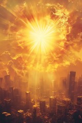 Obraz premium Dystopian cityscape with intense sunburst in sky, high-angle view