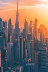 Naklejka premium Sunset over modern city skyline with high-rise buildings, orange sky, urban landscape