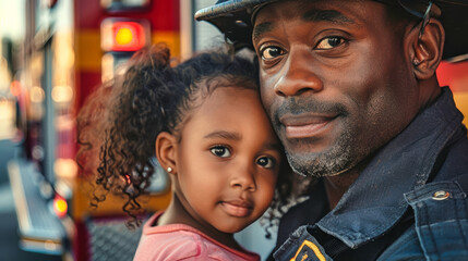 Obraz premium A firefighter gently cradles a young girl in his arms, a tender moment captured in front of a red fire truck