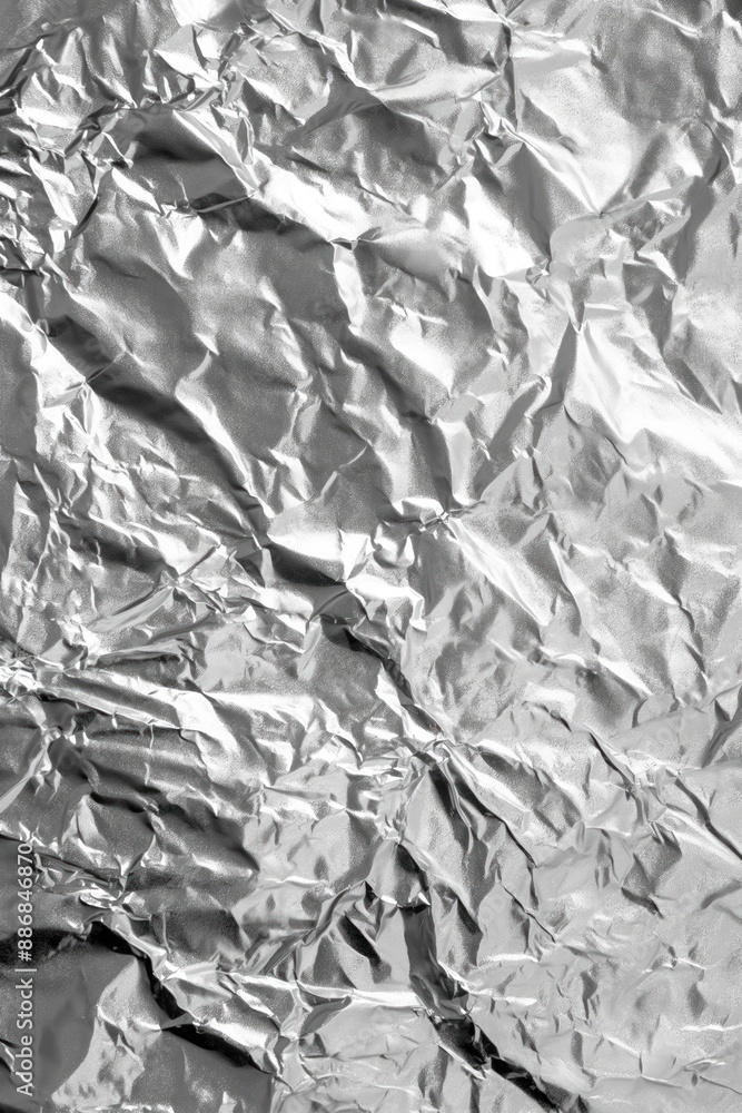 Poster crinkled silver aluminum foil texture background. close-up view of shiny metallic material with intr