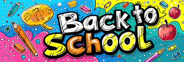 Concept of education. School background with hand drawn school supplies and comic speech bubble

