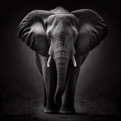 Front of elephant in style of black and white, monochrome photography. Fine art print. Close-up moody portrait of Elephant's face with dramatic contrast and depth. Ai generative © ikuday