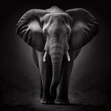 Front of elephant in style of black and white, monochrome photography. Fine art print. Close-up moody portrait of Elephant's face with dramatic contrast and depth. Ai generative