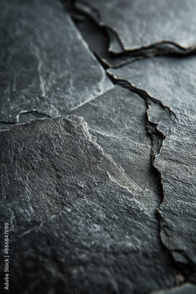 Aufkleber rough black slate surface with crack. close-up view of uneven texture background. blurred surroundin