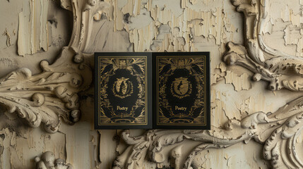 Two black books with "Poetry" written in gold on the covers, on a textured cream background with ornamental and classical carvings. Eternity of poetry, classical art
