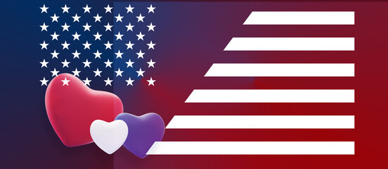 Fototapeta premium red white blue hearts and modern creative abstract flag background of the USA, United States of America