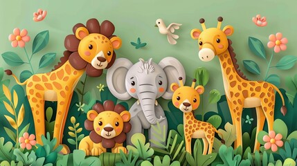 Naklejka premium Dynamic illustration of a group of safari animals, including lions, elephants, and giraffes, in their natural habitat. Illustration, Image, , Minimalism,