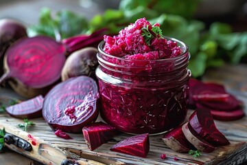 Vibrant beetroot relish in glass jar with fresh beets