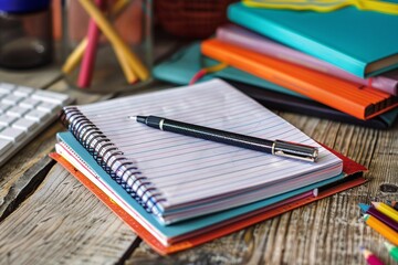 Fototapeta premium Colorful school supplies with spiral notebook and pen on wooden desk