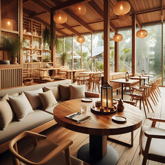 Wooden restaurant corner with sofa and table.