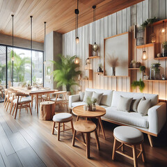 Fototapeta premium Wooden restaurant corner with sofa and table.