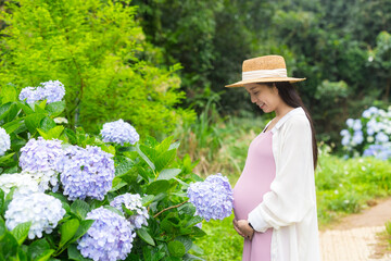 Pregnant woman hold with her tummy in Hydrangea flower garden