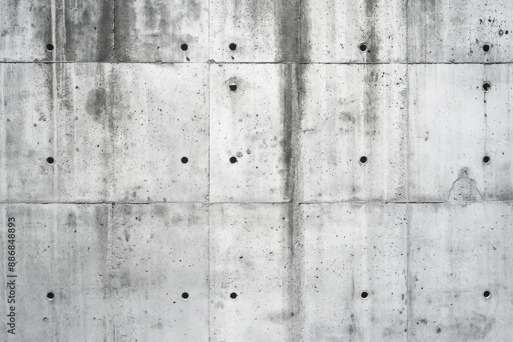 Poster Concrete wall texture background features intricate pattern of small holes. Close-up view from below emphasizes imposing presence. Gray and brown hues dominate with white concrete providing contrast.