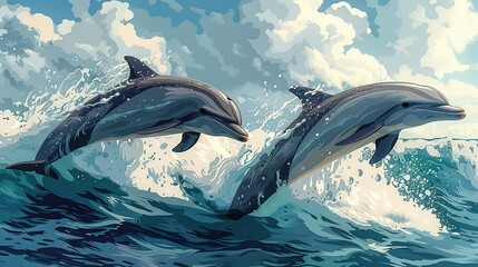 Lively artwork of dolphins leaping in the ocean waves, capturing their grace and agility. Illustration, Image, , Minimalism,