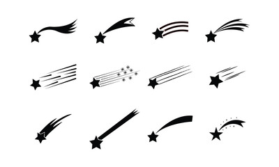 Set of shooting stars.  Black Shooting star isolated on white background. Falling stars vector set with different tails. Icons of meteorites and comets. Graphic illustration for web design. © Crystal