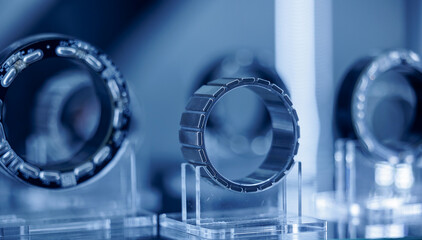 Set of chrome plated round deep roller ball and groove bearings on blur background. Products for...