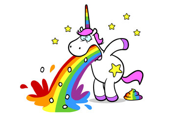 Rosa Cartoon Einhorn beim Kotzen und Kacken von Regenbogen © Robert Kneschke