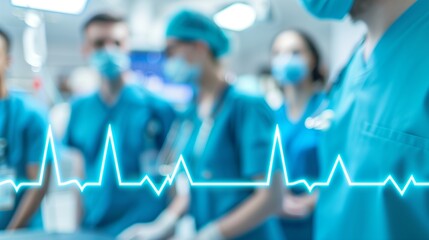 Medical team performing surgery in a sterile operating room, with focus on precise heart procedure. Surgeons in scrubs and masks, under bright surgical lights, ensuring patient safety.