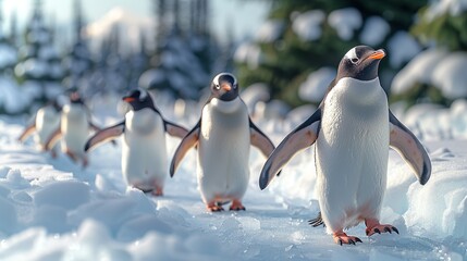 Fototapeta premium Colorful design featuring a group of penguins sliding on ice, illustrating Antarctic wildlife in a playful manner. Illustration, Image, , Minimalism,