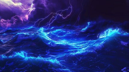 Futuristic dark ocean storm with electric blue lightning, sleek waves under a neon night sky