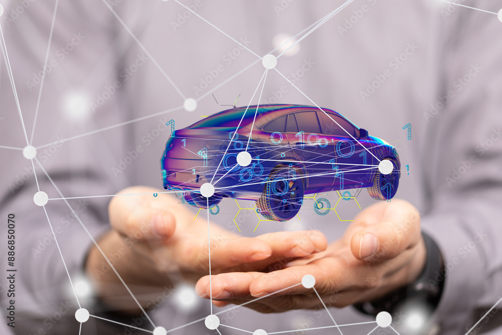 Poster Autonomous car with HUD graphic of Navigation system driving