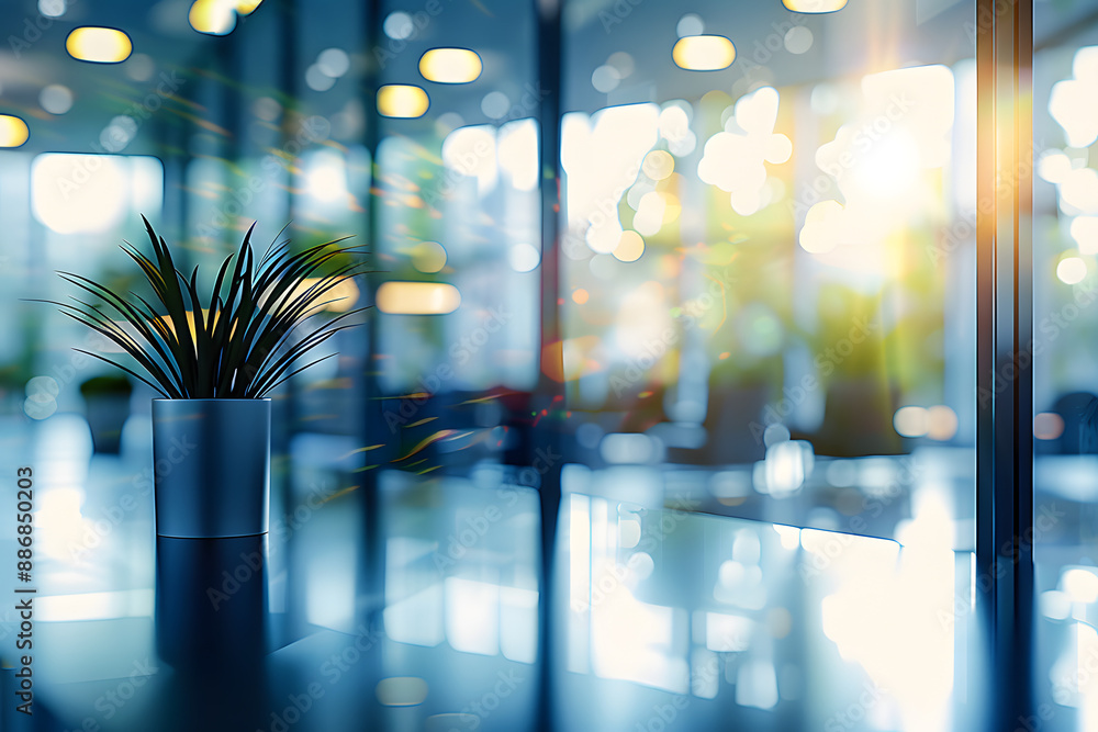 Aufkleber modern business office setting environment blurred background with sunlight reflection on window gla