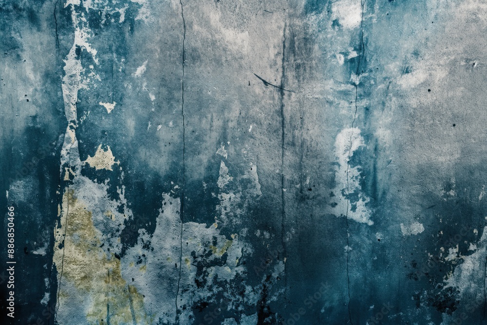 Poster blue gray concrete wall texture background with peeling paint cracks worn out surface. urban industr