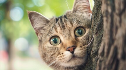 Naklejka premium A tight shot of a cat with emerald eyes concealed among tree foliage, revealing its head