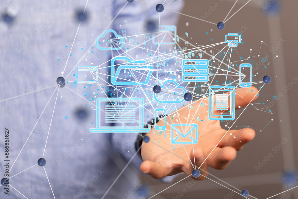 Poster Augmented Analytics Data cloud storage network from lines, triangles and particle style design. Illustration