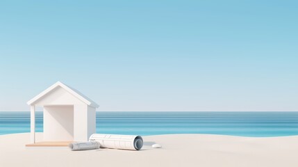 Fototapeta premium A minimalist beach hut design with construction plans, with the sea in the background, flat design illustration, high-resolution photo, realistic photo, cinematography