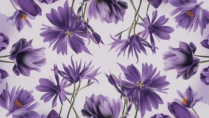 Top view of violet and purple flowers on white background